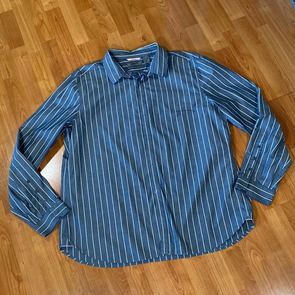 DKNY 100% Cotton Striped Button Down Long Sleeve Dress Shirt Slim Fit XXL